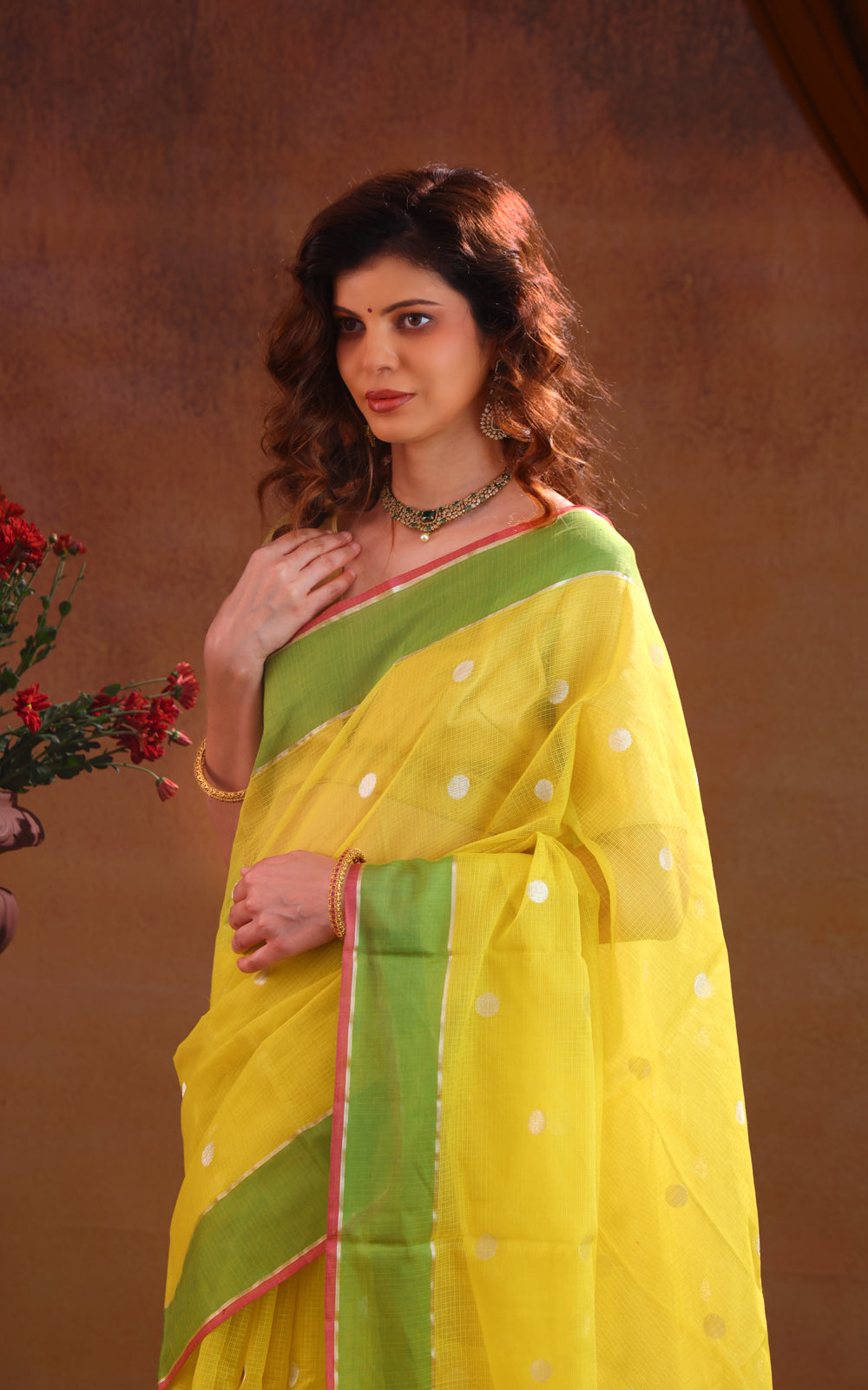 Lime Yellow & Green Zari Kota Saree With Silver Butta