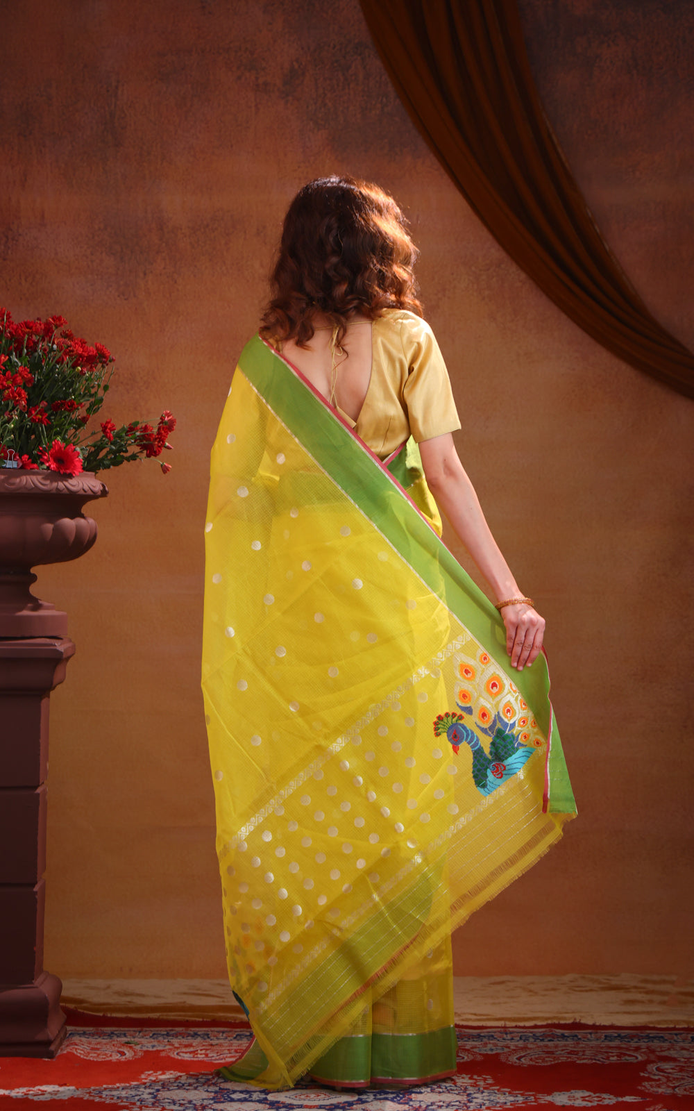 Lime Yellow & Green Zari Kota Saree With Silver Butta