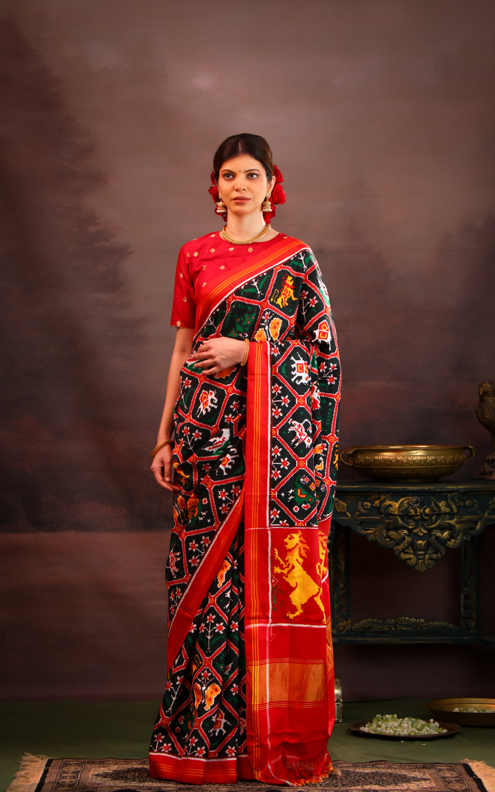 Bottle Green & Red Patan Patola Silk Saree