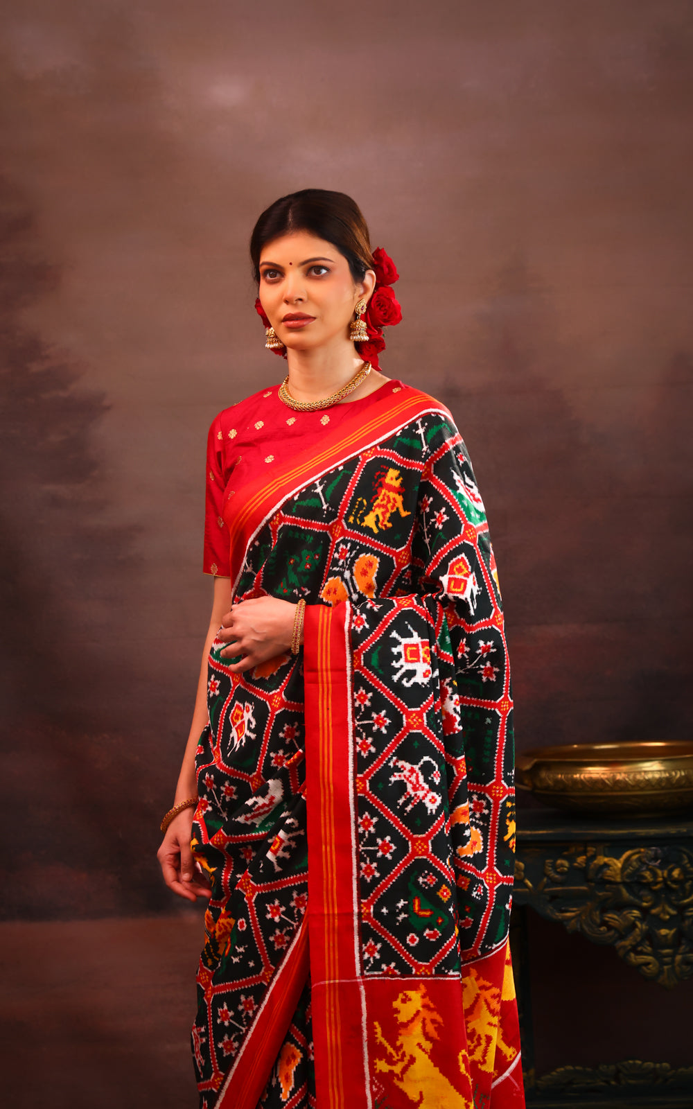 Bottle Green & Red Patan Patola Silk Saree
