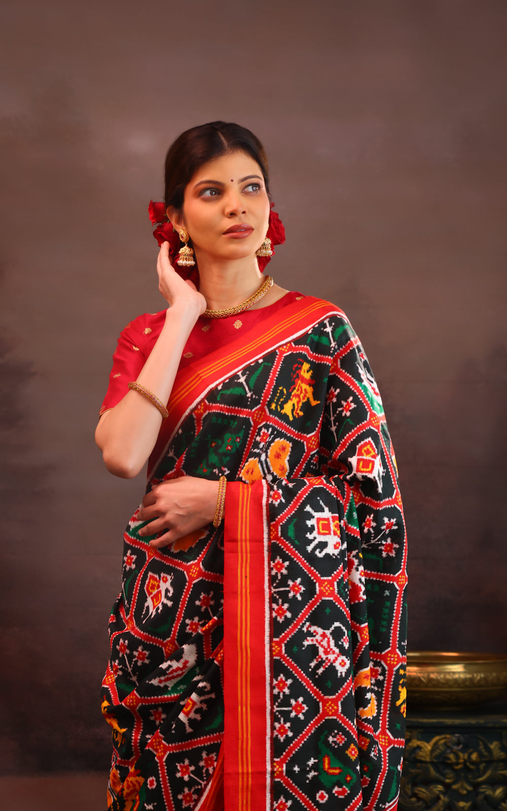 Bottle Green & Red Patan Patola Silk Saree
