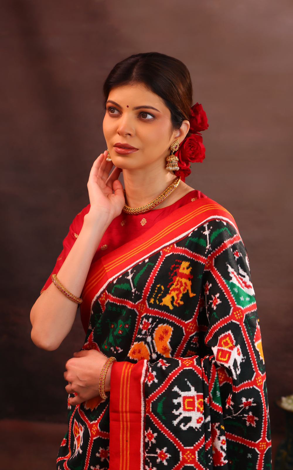 Bottle Green & Red Patan Patola Silk Saree