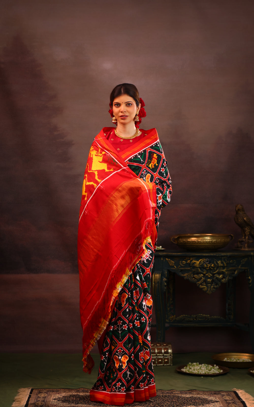 Bottle Green & Red Patan Patola Silk Saree