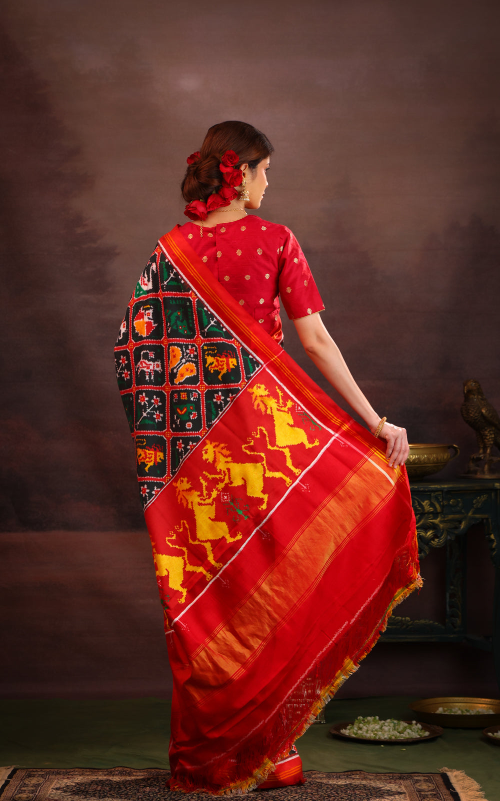 Bottle Green & Red Patan Patola Silk Saree