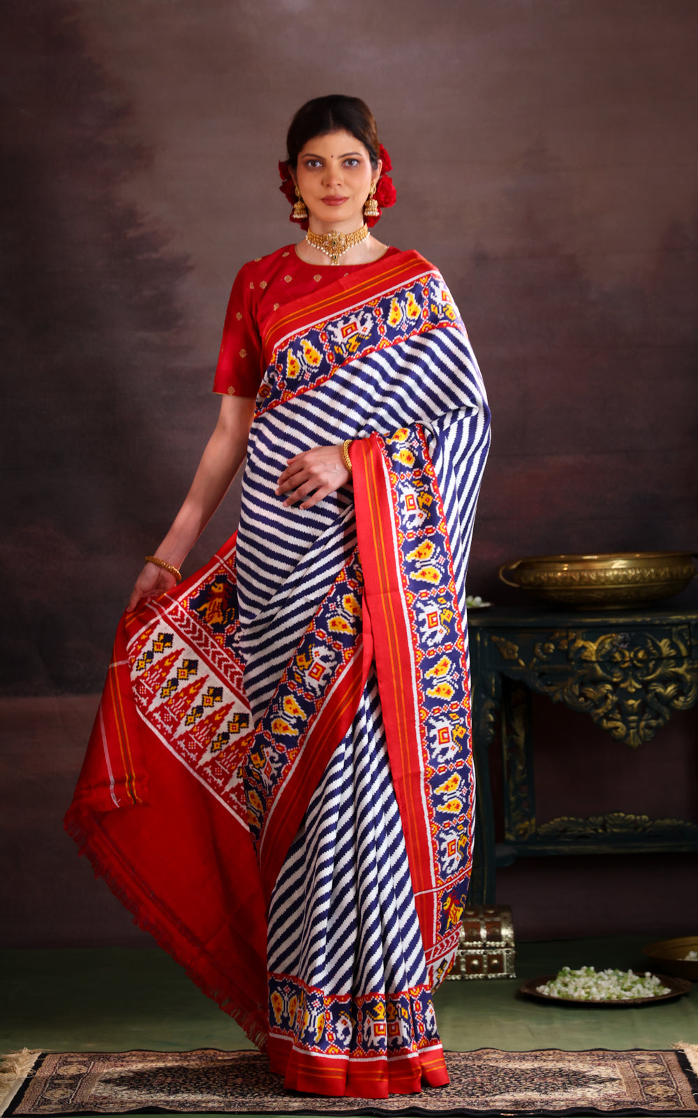 Off White & Red Patan Patola With Leheriya Silk Saree