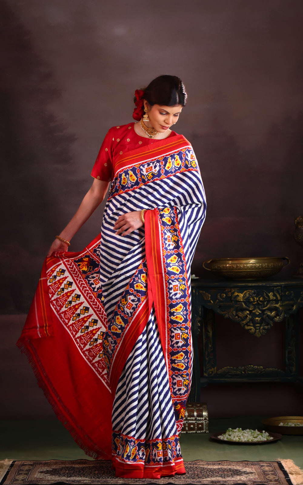 Off White & Red Patan Patola With Leheriya Silk Saree