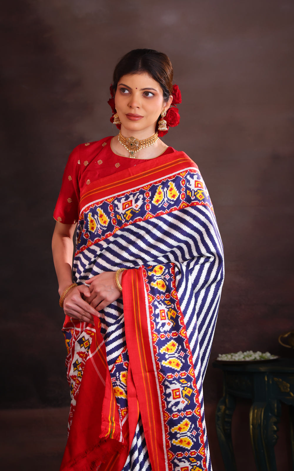 Off White & Red Patan Patola With Leheriya Silk Saree