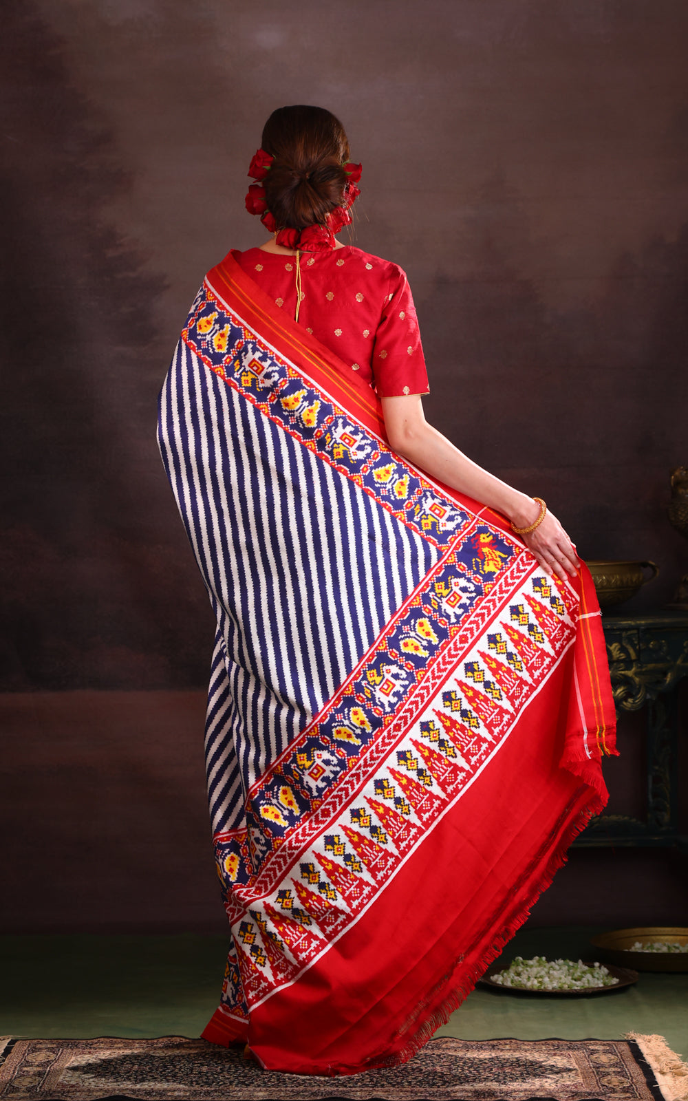Off White & Red Patan Patola With Leheriya Silk Saree
