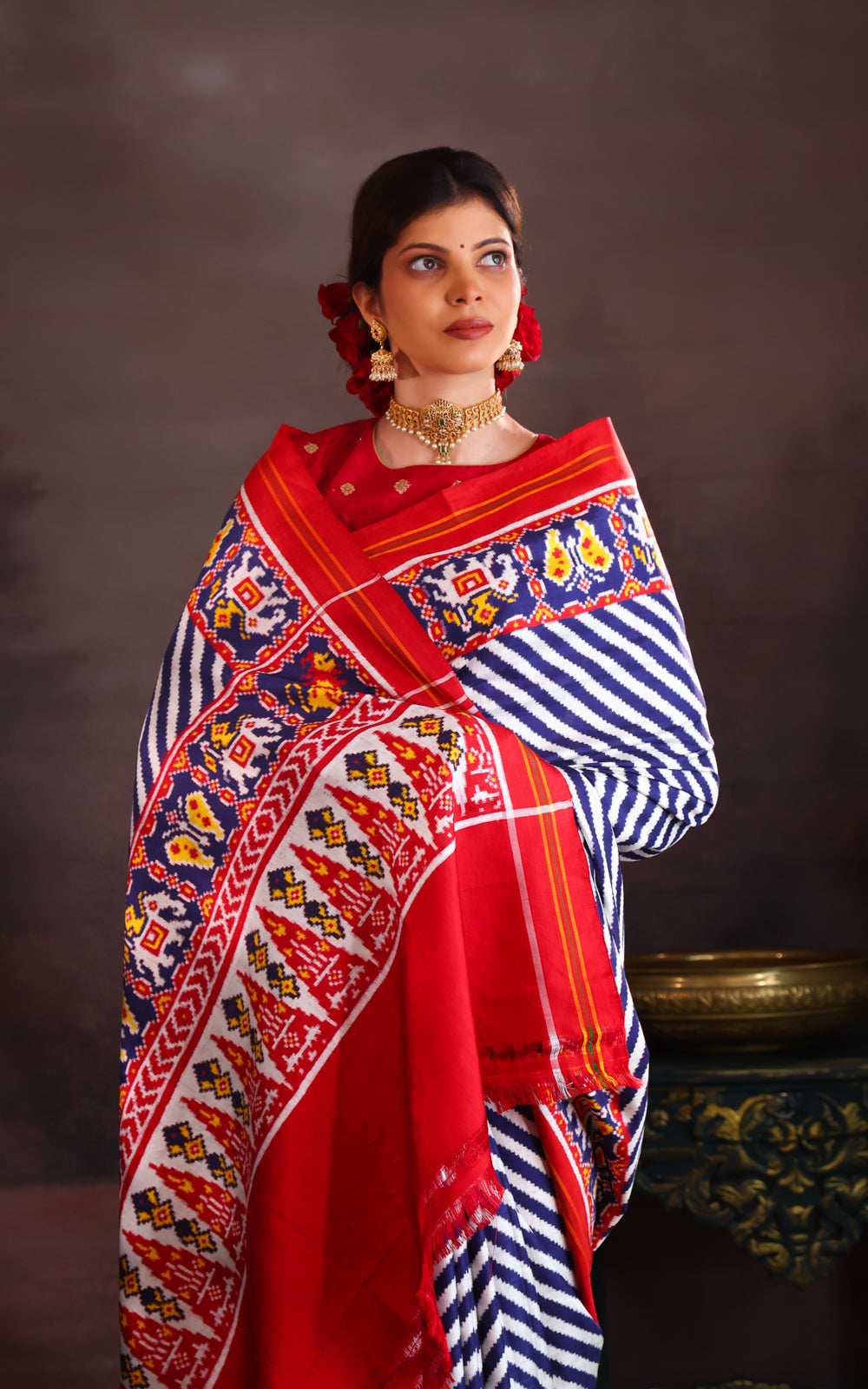 Off White & Red Patan Patola With Leheriya Silk Saree