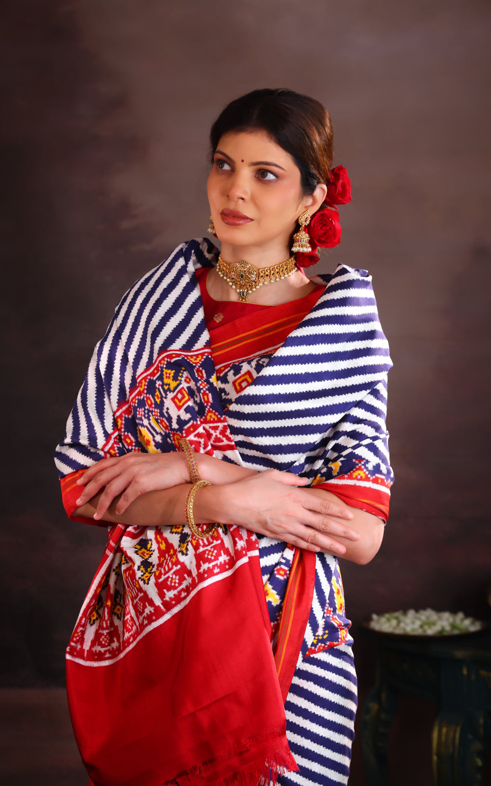 Off White & Red Patan Patola With Leheriya Silk Saree