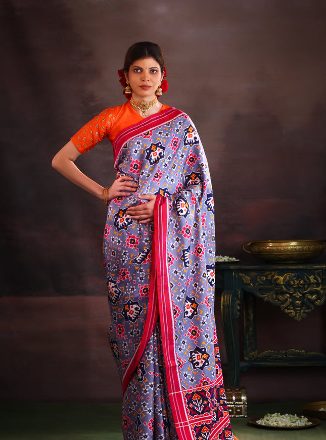 Grey & Pink Patan Patola Silk Saree