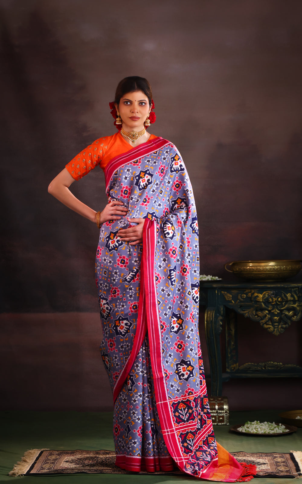 Grey & Pink Patan Patola Silk Saree