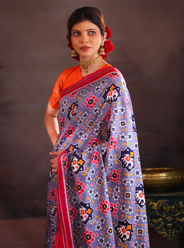 Grey & Pink Patan Patola Silk Saree