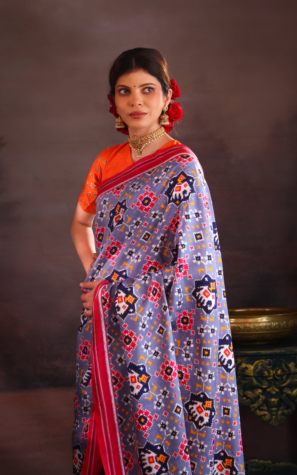 Grey & Pink Patan Patola Silk Saree
