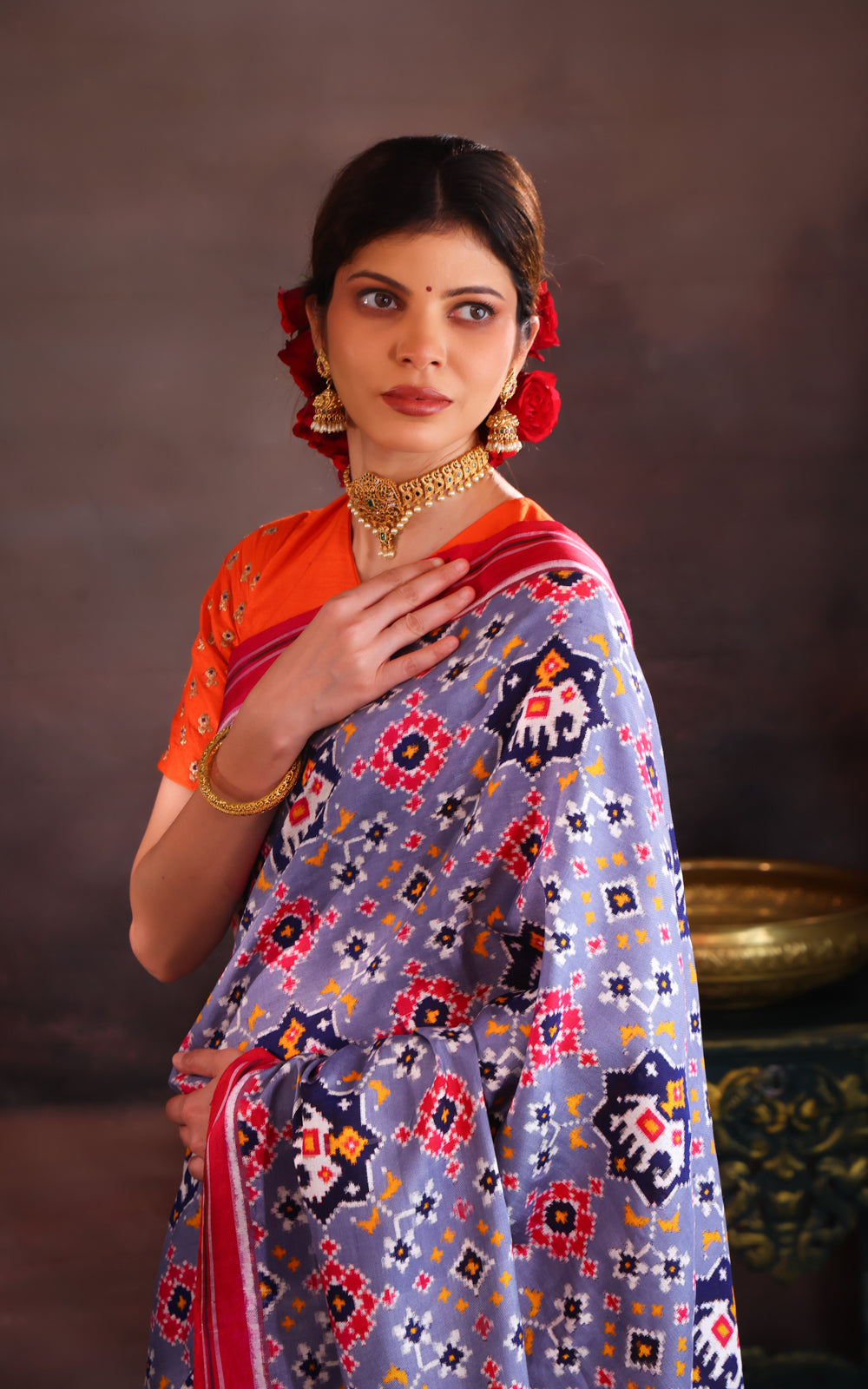 Grey & Pink Patan Patola Silk Saree