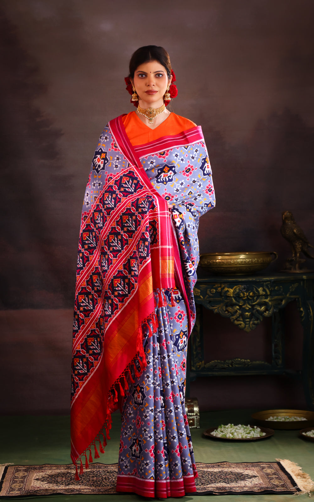 Grey & Pink Patan Patola Silk Saree