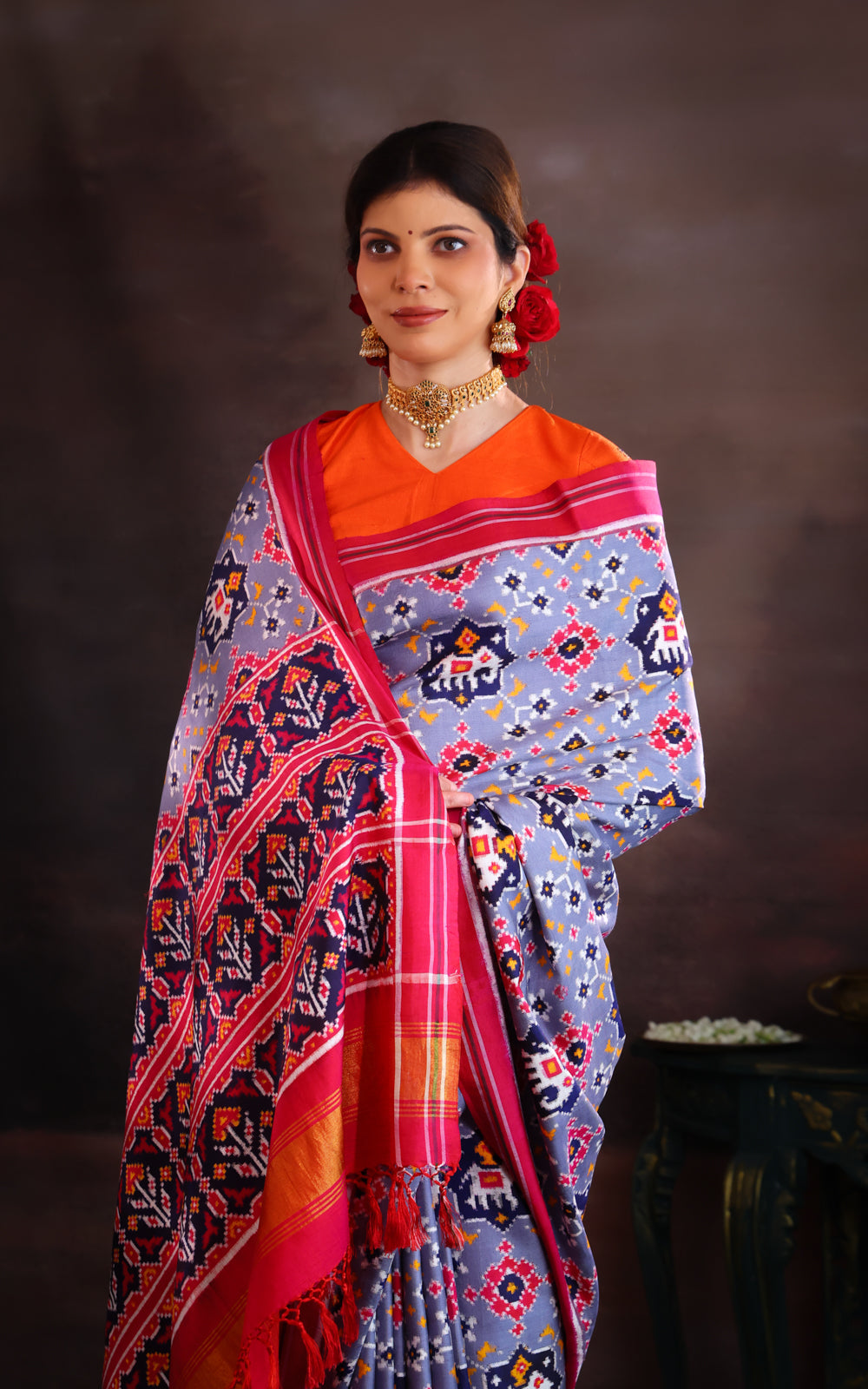 Grey & Pink Patan Patola Silk Saree