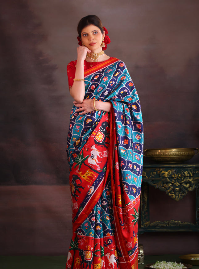 Blue & Red Patan Patola Silk Saree