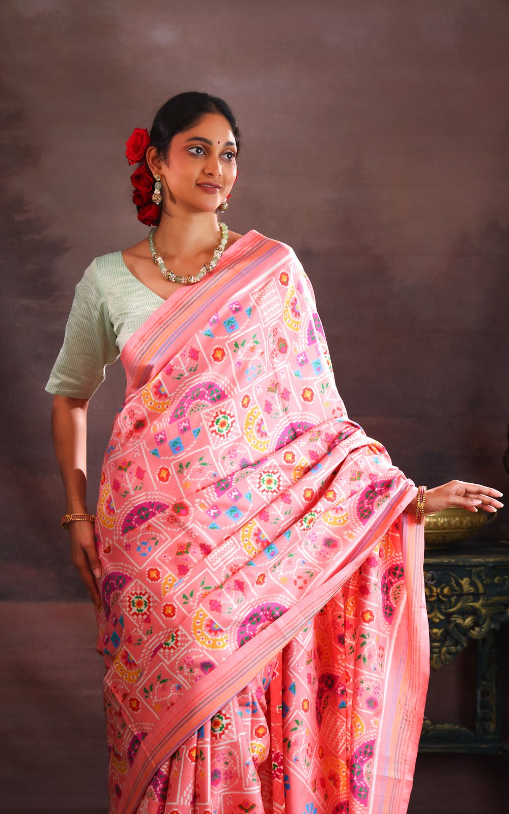 Peach Pink Patan Patola Silk Saree
