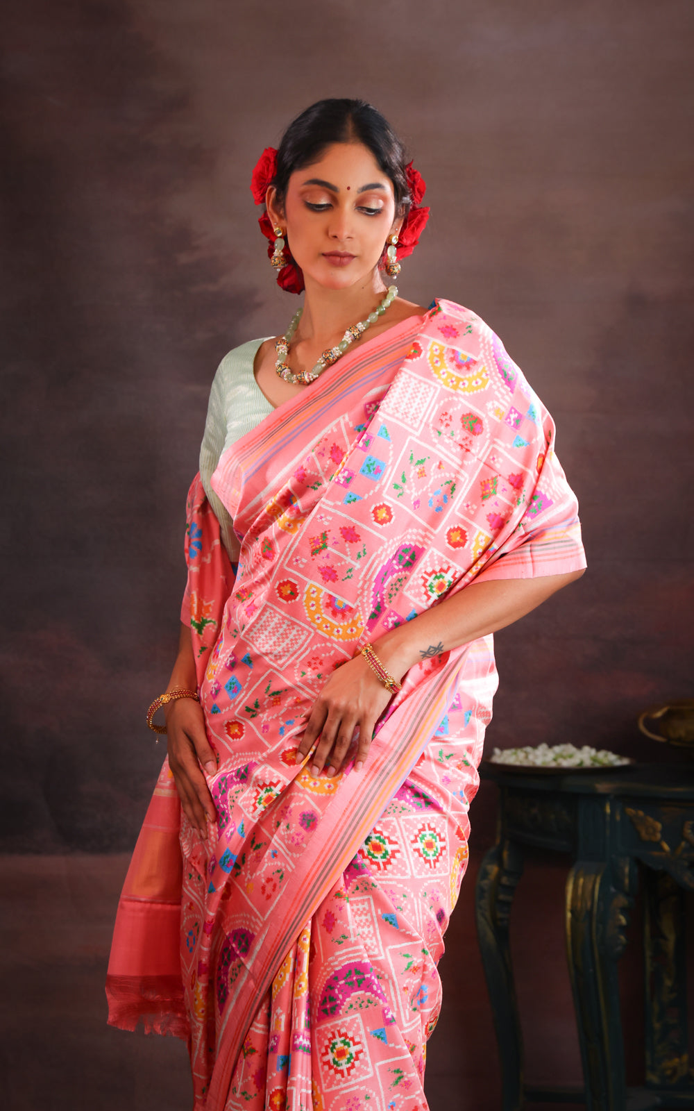 Peach Pink Patan Patola Silk Saree