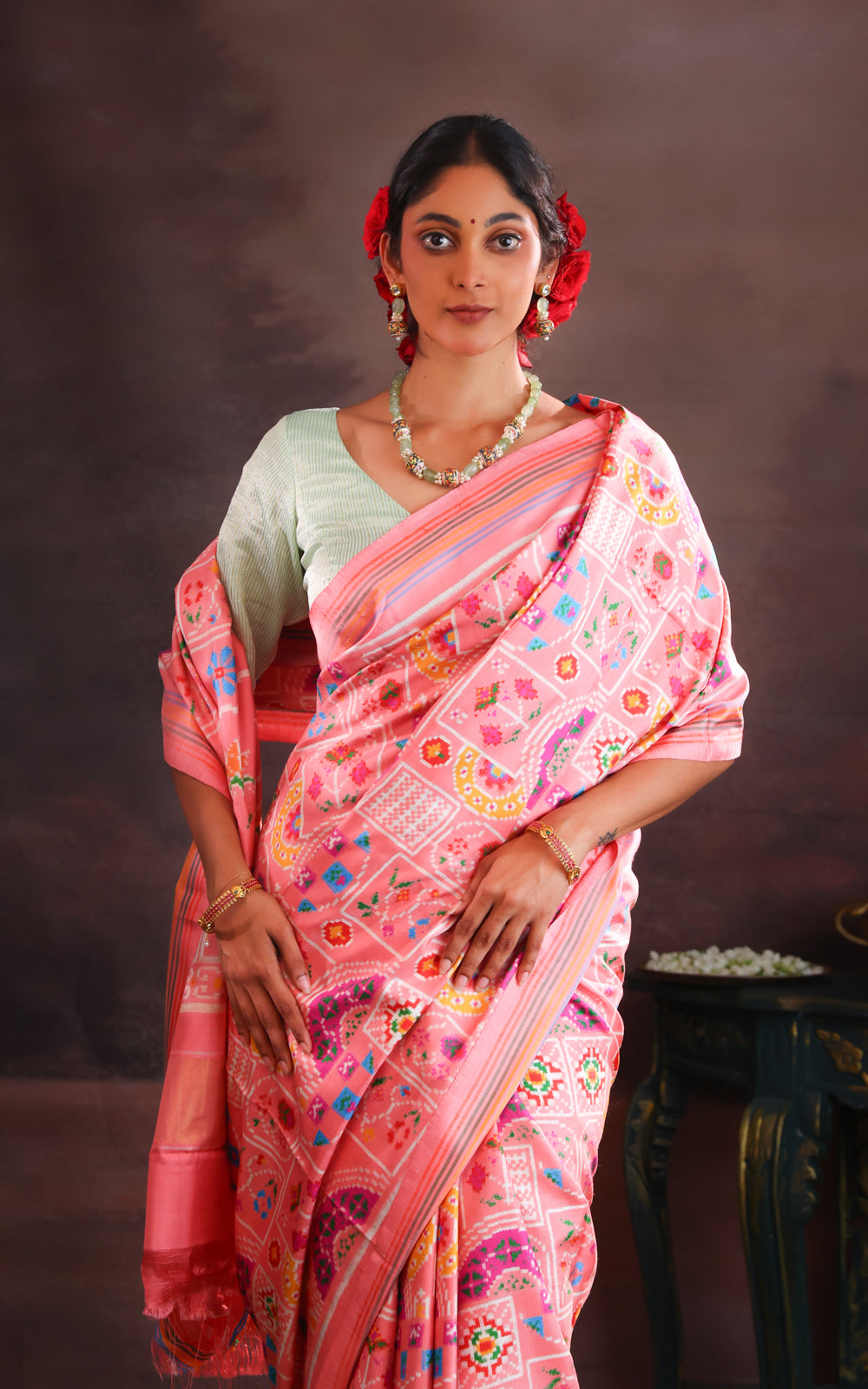 Peach Pink Patan Patola Silk Saree