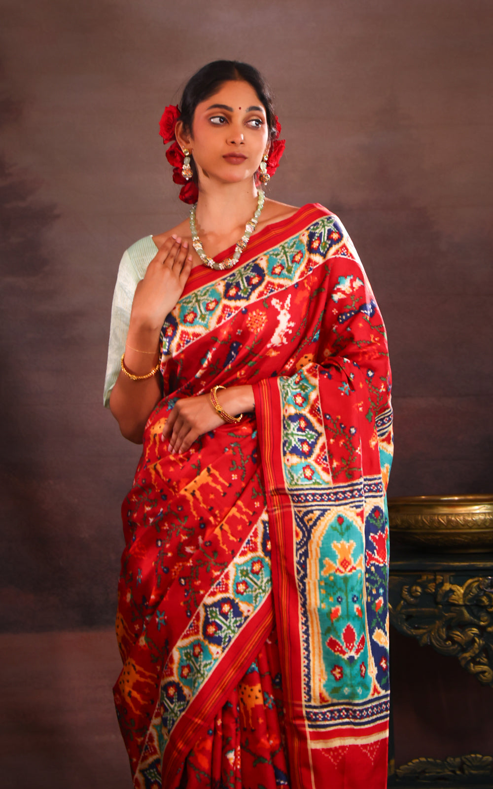 Red & Teal Patan Patola Silk Saree