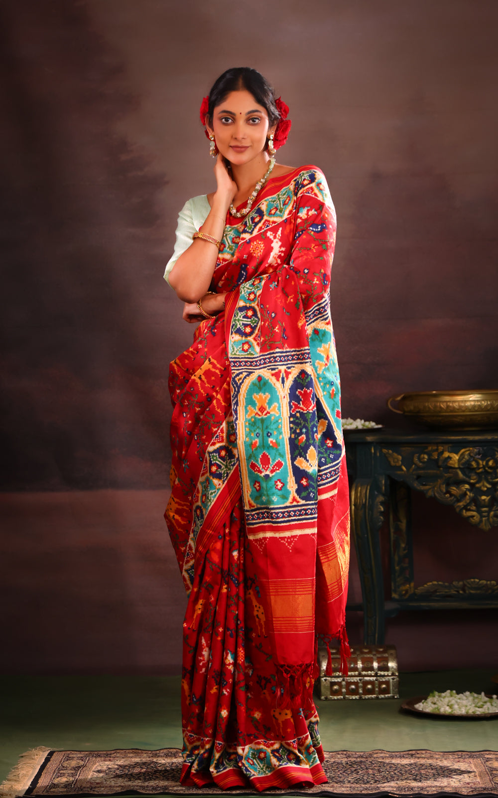Red & Teal Patan Patola Silk Saree
