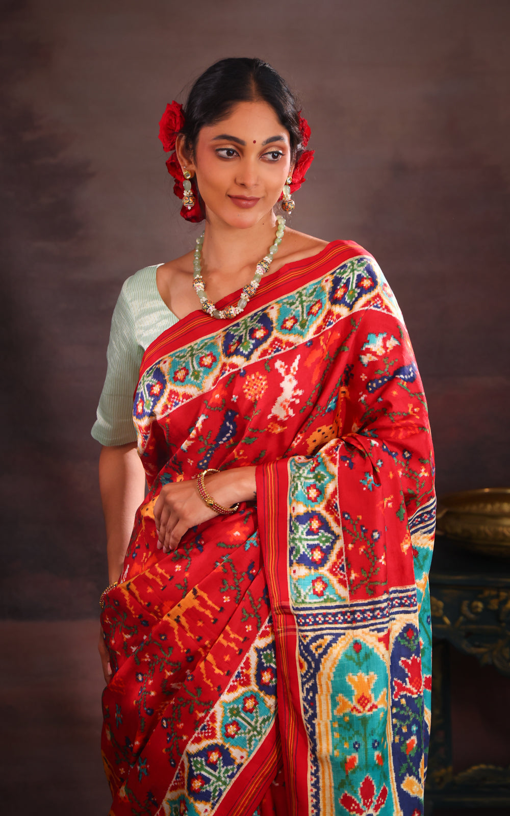 Red & Teal Patan Patola Silk Saree