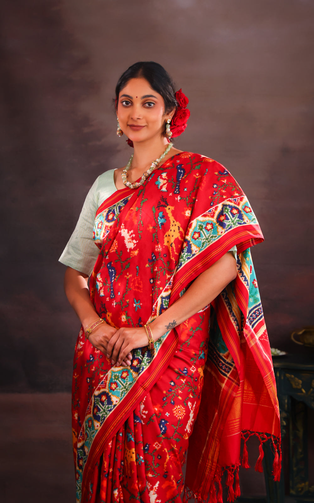 Red & Teal Patan Patola Silk Saree