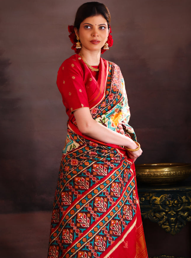 Cream & Red Patan Patola Silk Saree