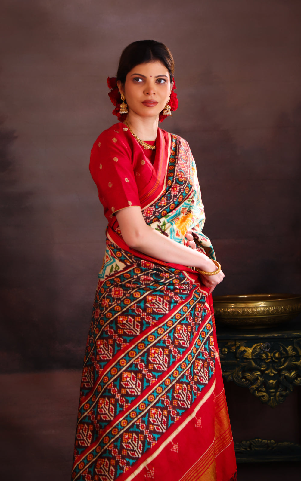 Cream & Red Patan Patola Silk Saree