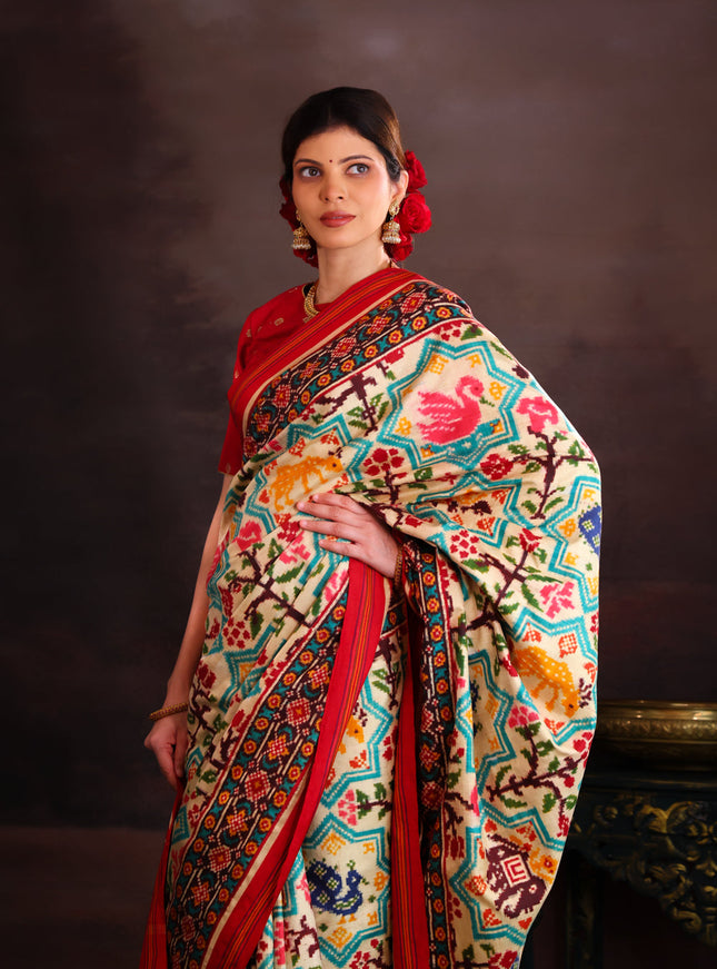 Cream & Red Patan Patola Silk Saree