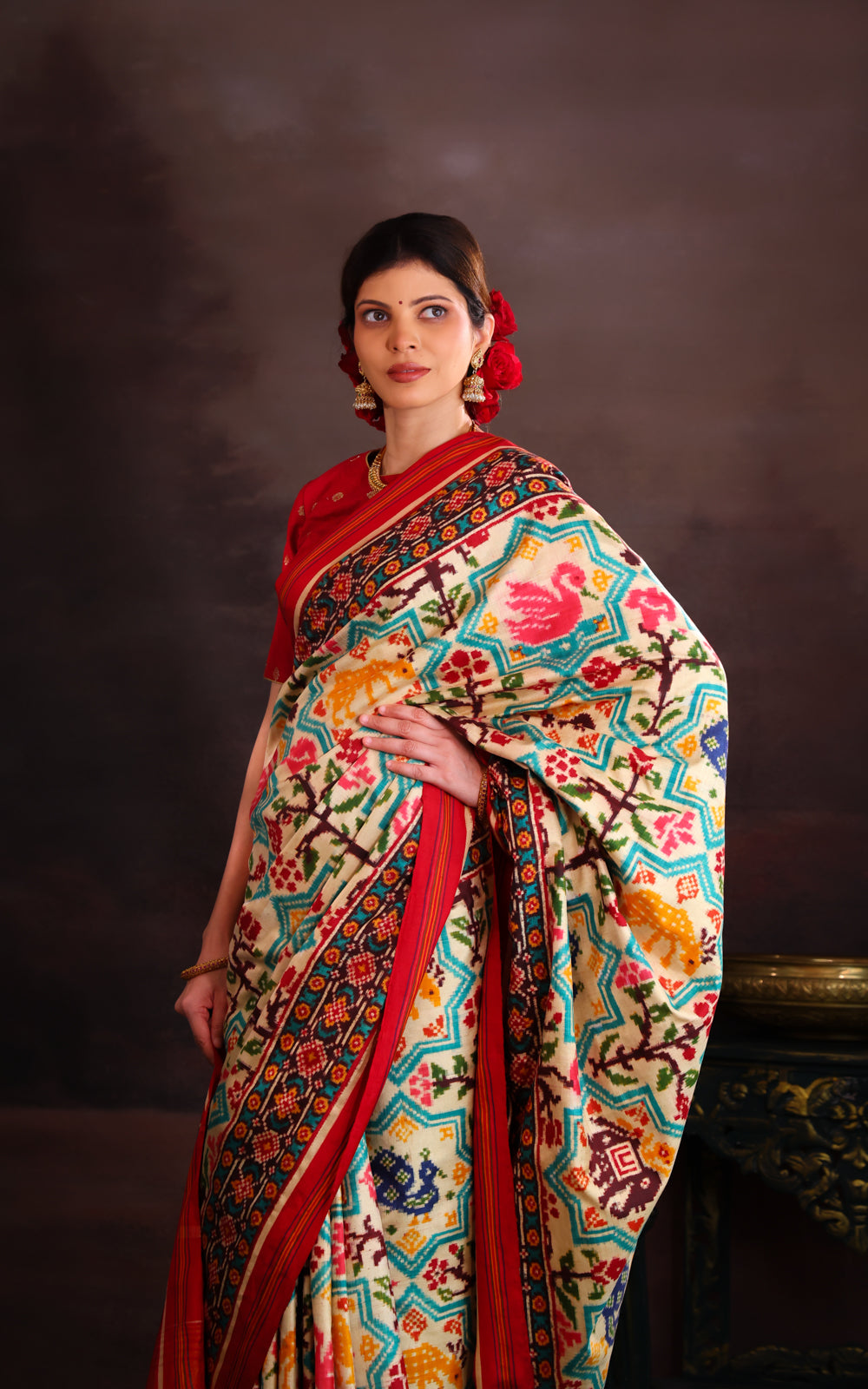 Cream & Red Patan Patola Silk Saree