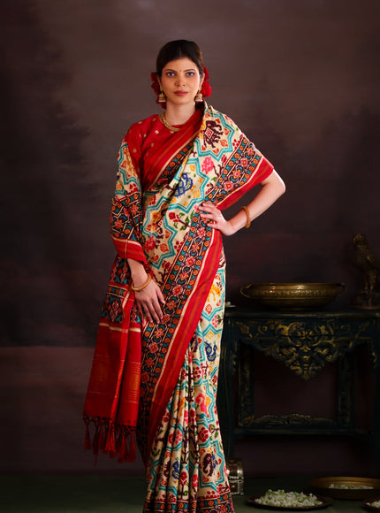Cream & Red Patan Patola Silk Saree