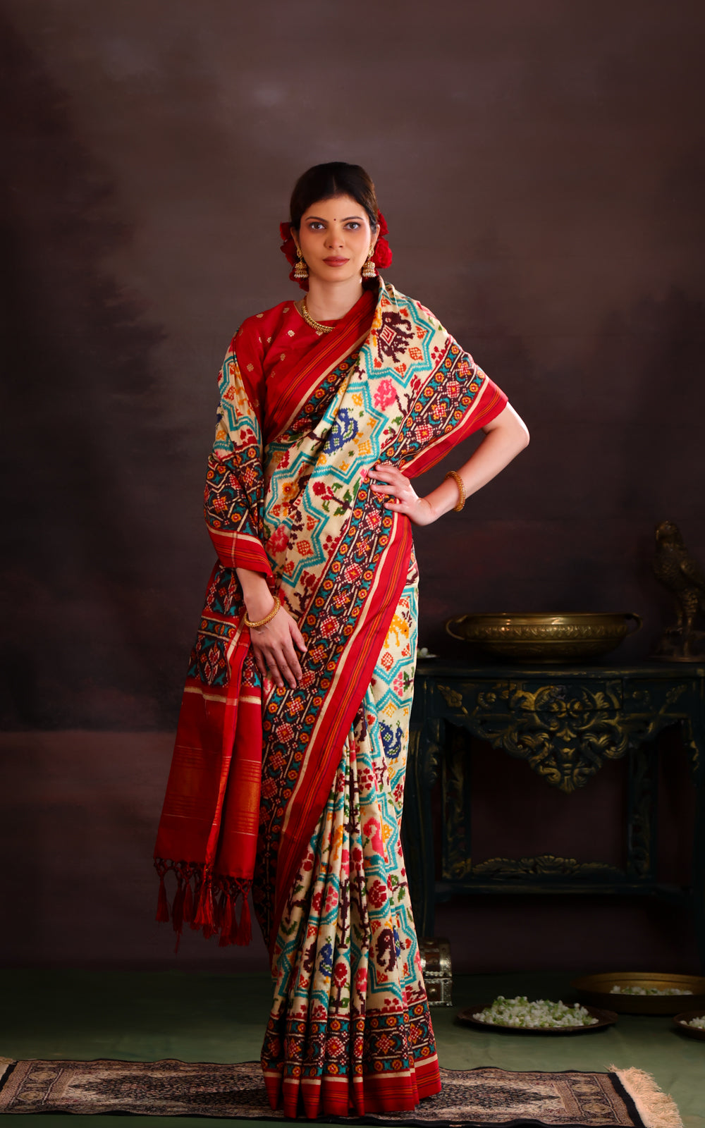 Cream & Red Patan Patola Silk Saree