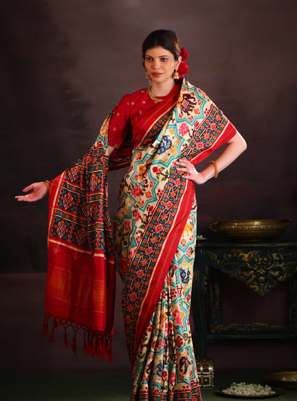 Cream & Red Patan Patola Silk Saree