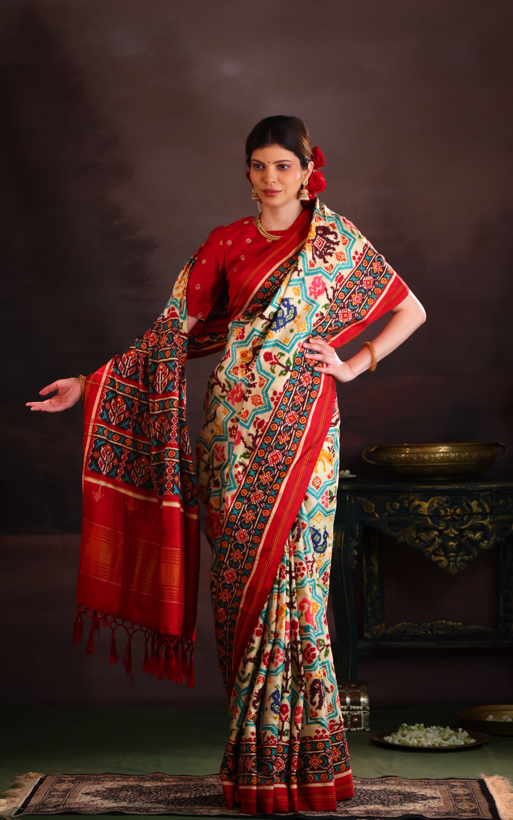 Cream & Red Patan Patola Silk Saree