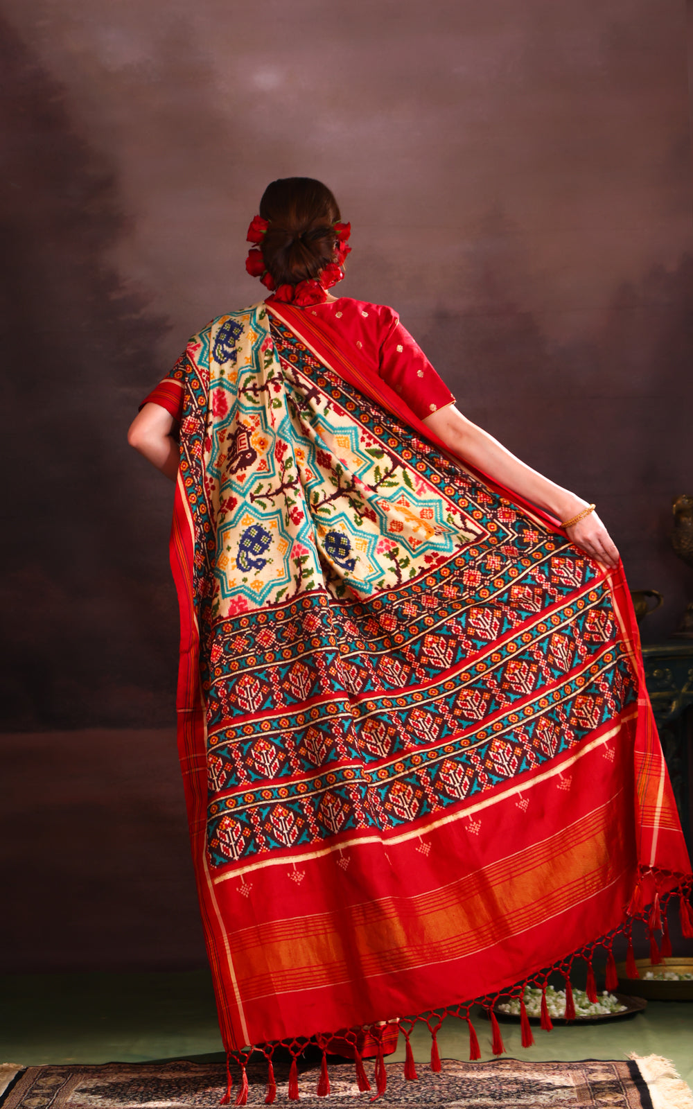 Cream & Red Patan Patola Silk Saree