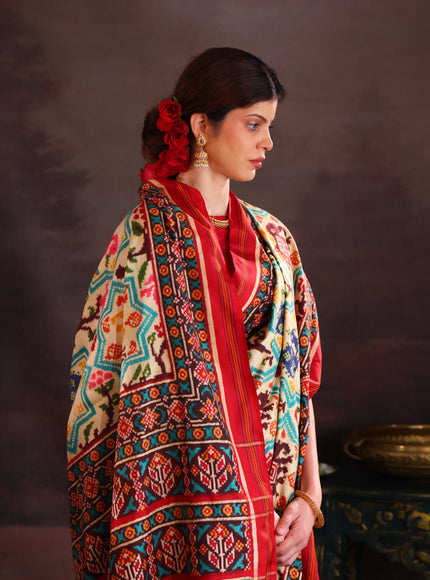 Cream & Red Patan Patola Silk Saree