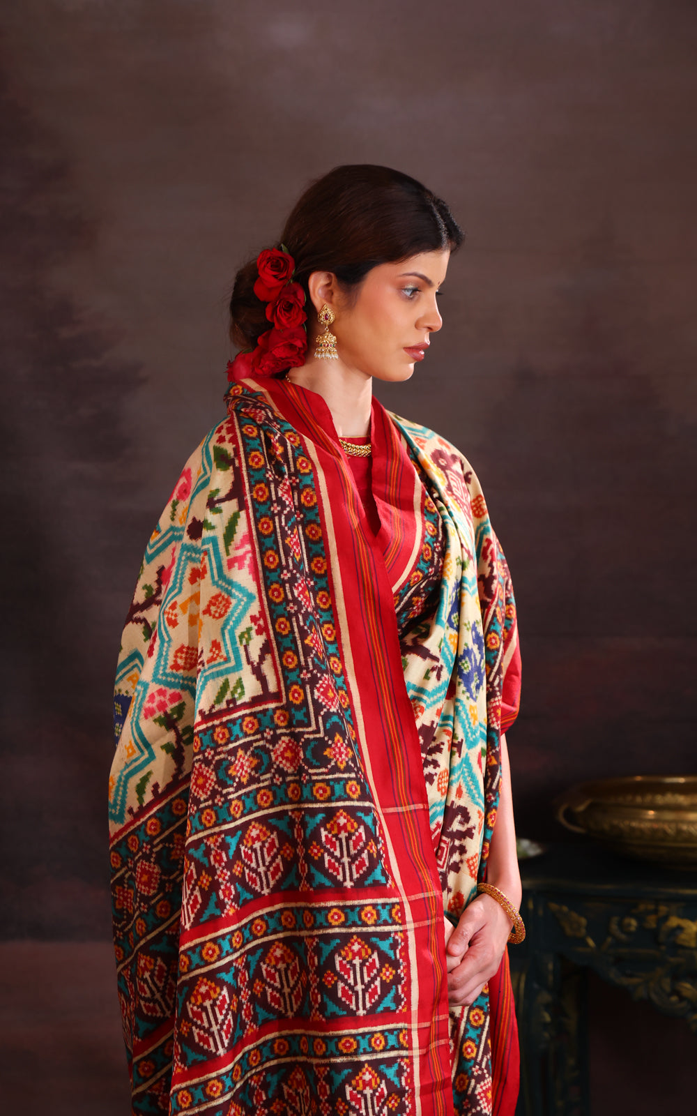 Cream & Red Patan Patola Silk Saree