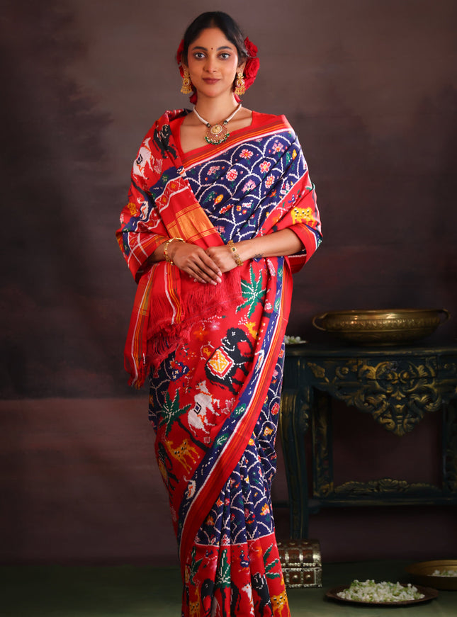 Navy Blue & Red Patan Patola Silk Saree