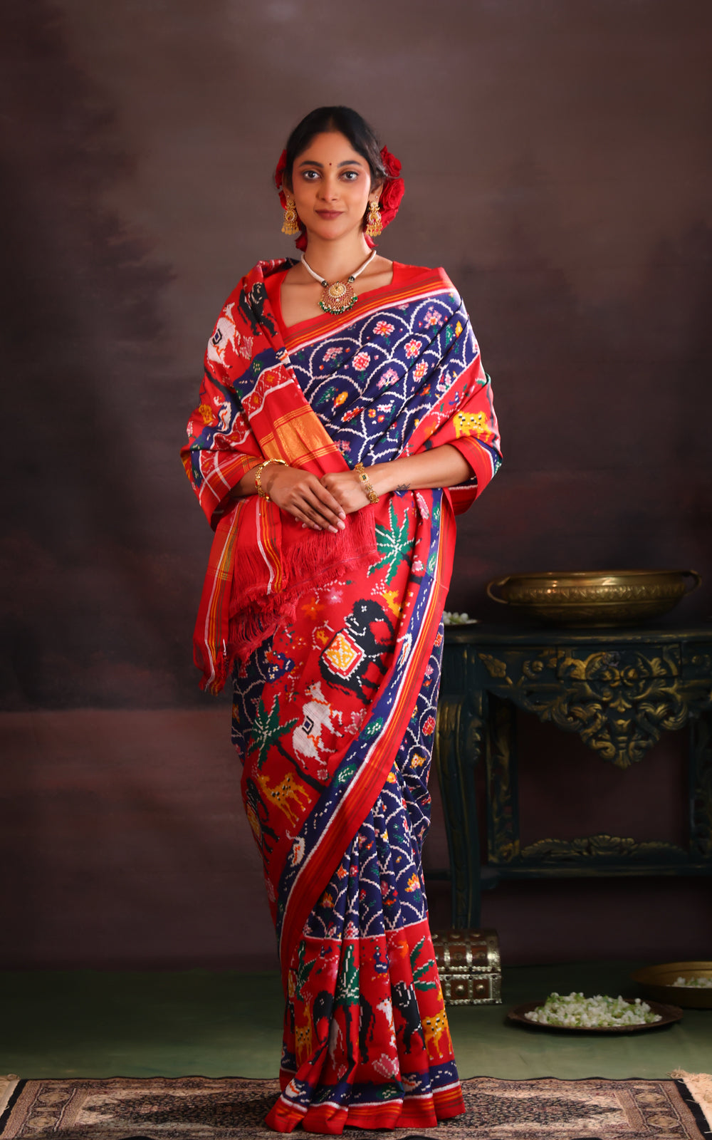 Navy Blue & Red Patan Patola Silk Saree