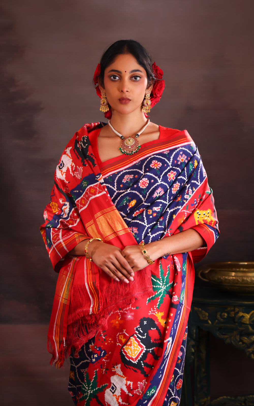 Navy Blue & Red Patan Patola Silk Saree