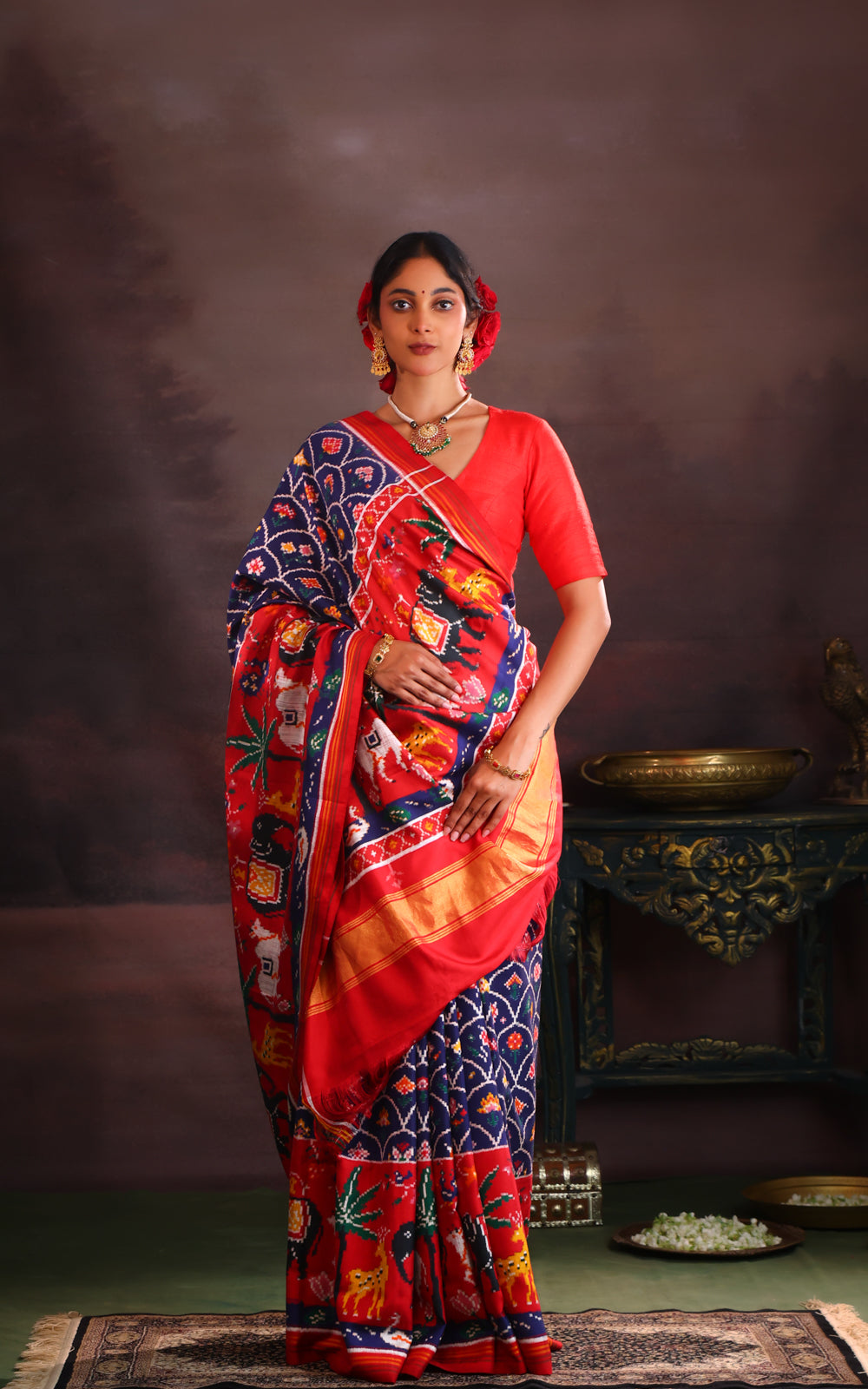 Navy Blue & Red Patan Patola Silk Saree
