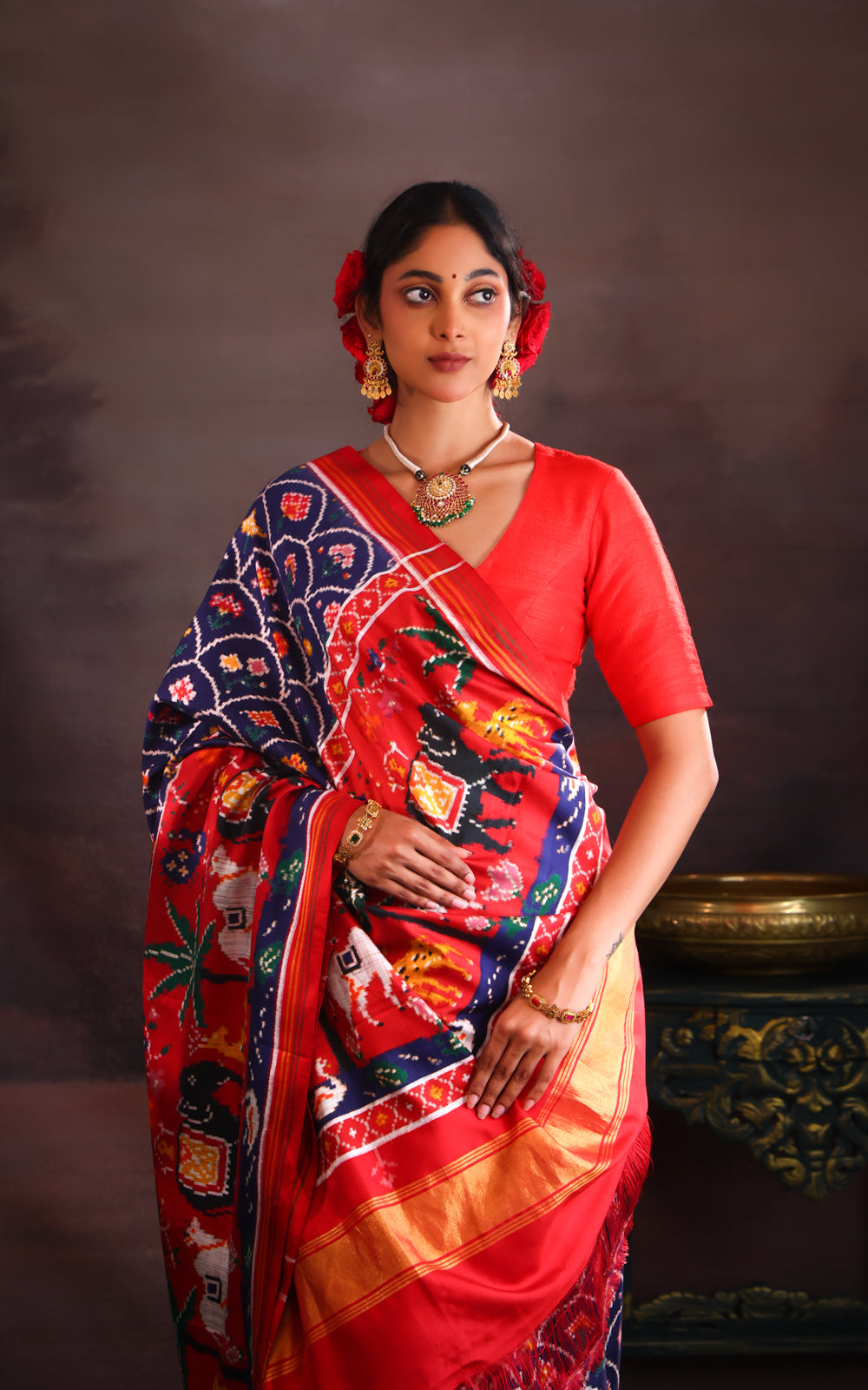 Navy Blue & Red Patan Patola Silk Saree