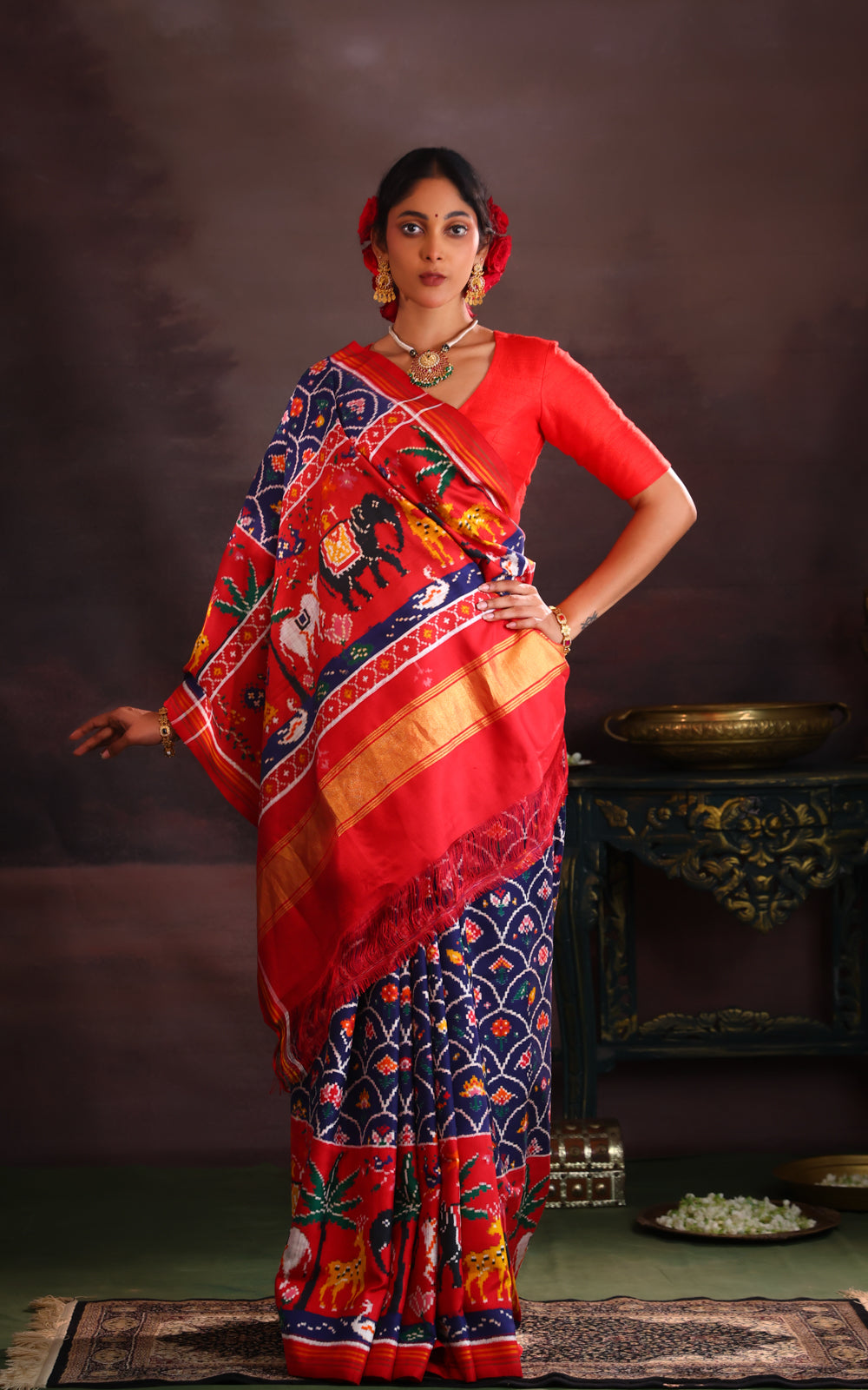 Navy Blue & Red Patan Patola Silk Saree
