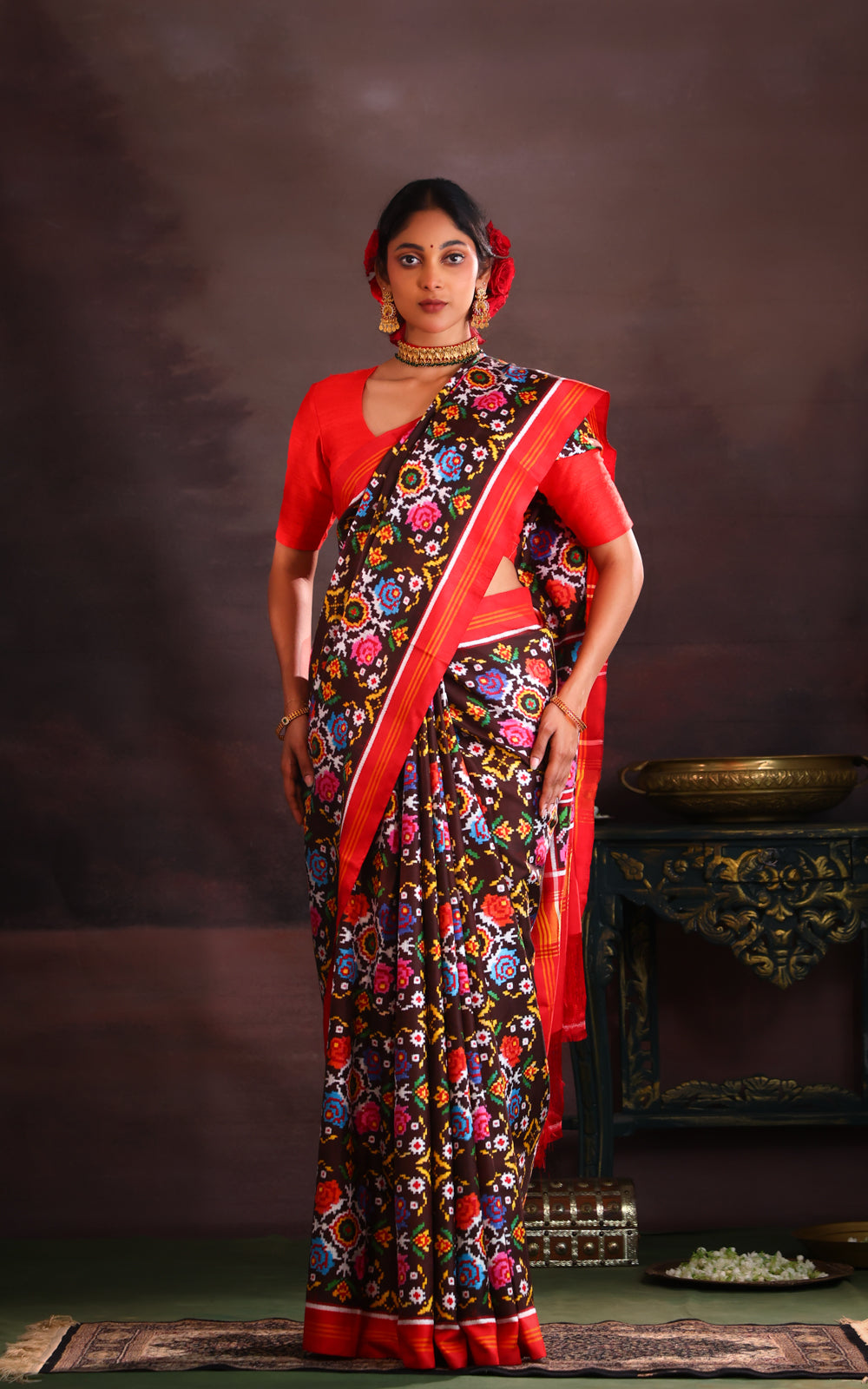 Coffee Brown & Red Patan Patola Silk Saree