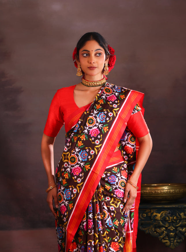 Coffee Brown & Red Patan Patola Silk Saree