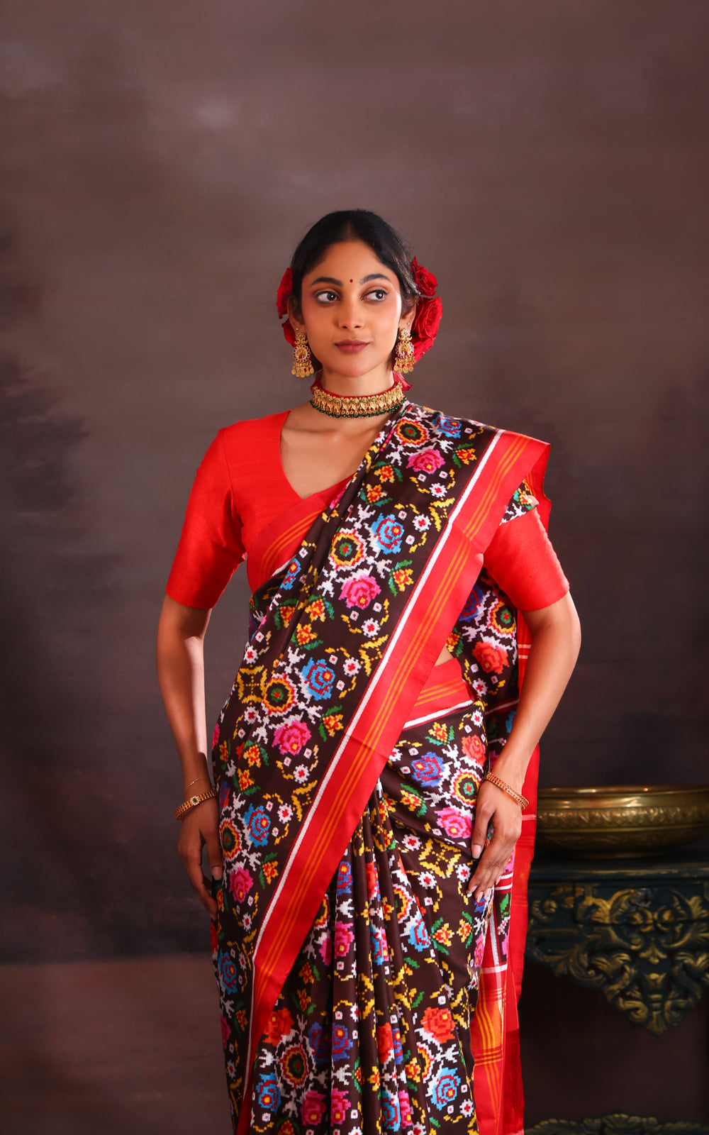Coffee Brown & Red Patan Patola Silk Saree