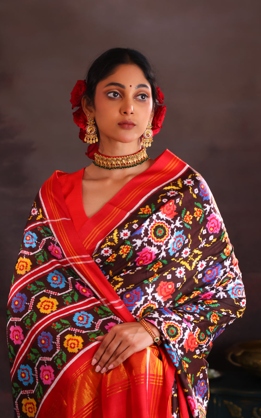Coffee Brown & Red Patan Patola Silk Saree